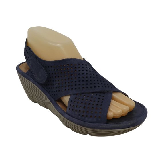 Clarks Platform Wedge Sandals Womens 7.5 Blue Leather Open Toe Slingback Comfort - Picture 1 of 13